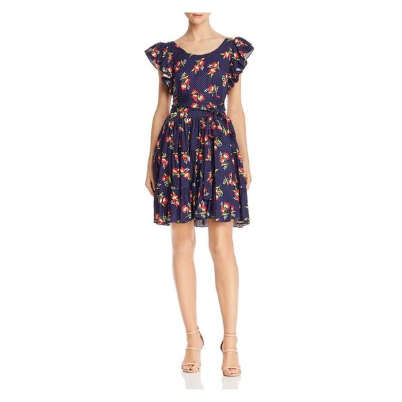 JILL STUART Womens Navy Floral Cap Sleeve Short Fit + Flare Dress Size: L